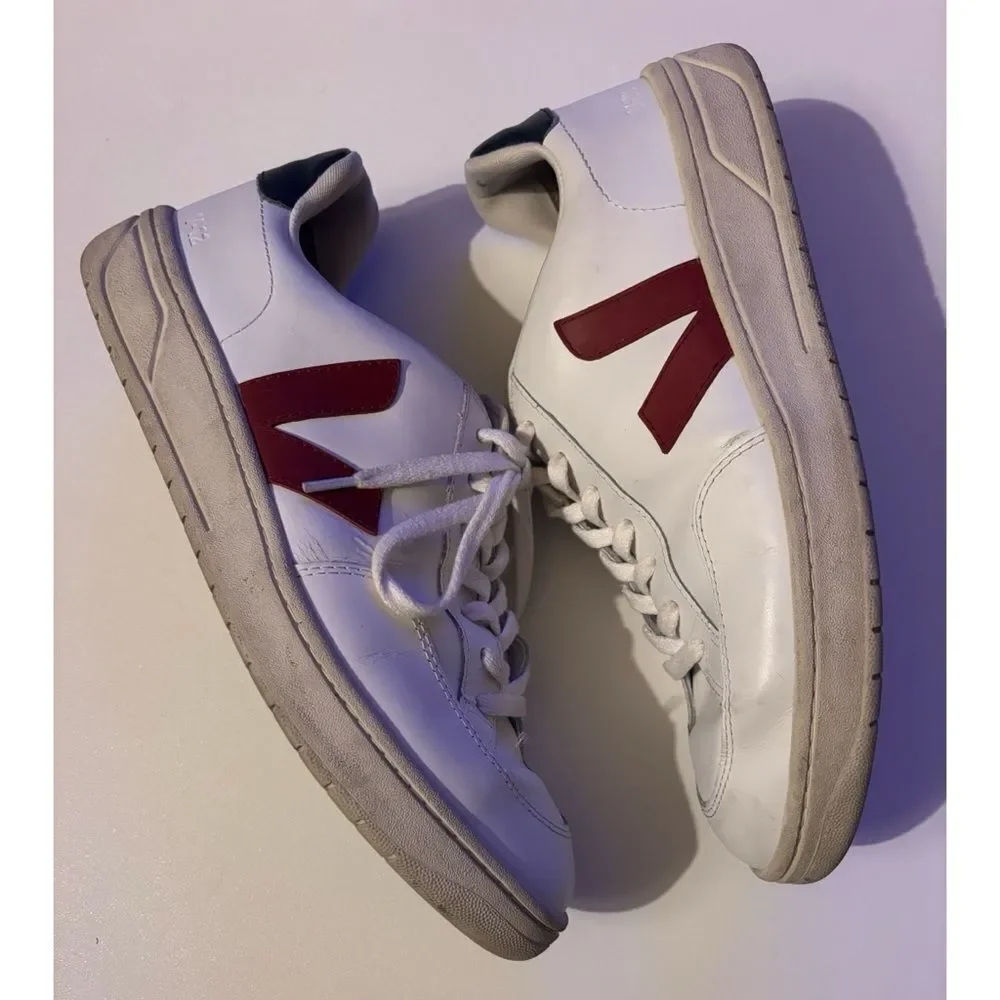 Veja V-12 Retro Low Top Leather Sneakers ~Extra White Marsala Nautico Size 11.5